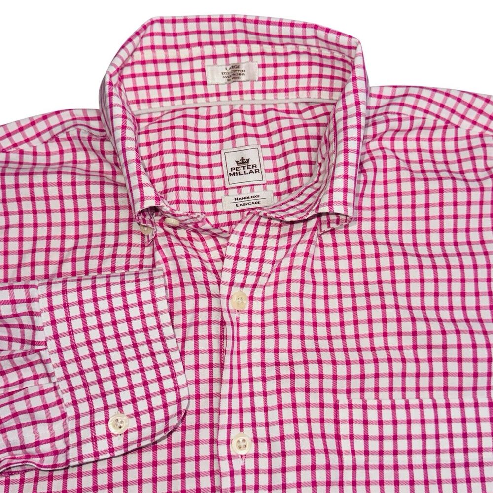 Peter Millar Mens Pink Gingham Check Cotton Button Down Shirt Large Long Sleeve